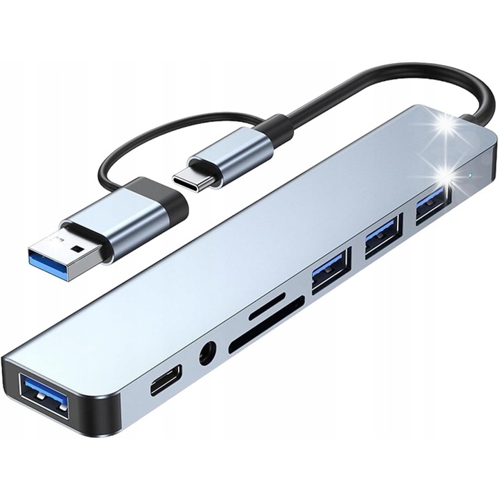 HUB USB-C 8w1, 8 porturi, cititor microSD/SD, gri, 2,8x14,5x10cm