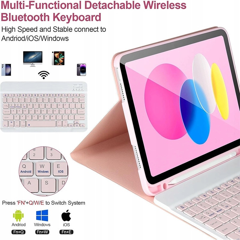 Husa cu tastatura wireless pentru tableta, compatibil cu iPad 11 (A16) 2025/10 2022, tastatura magnetica detasabila, suport pentru creion, roz deschis