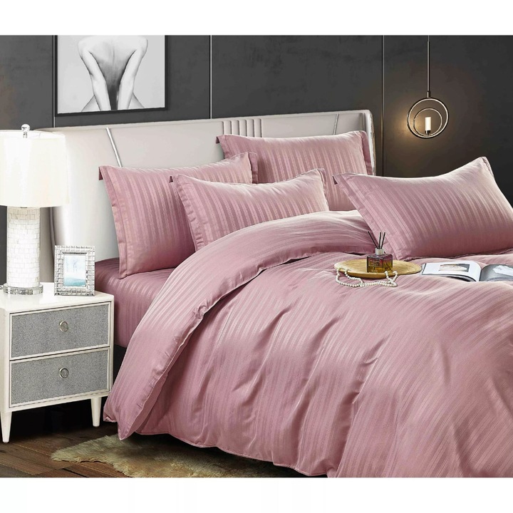 Lenjerie de pat horeca DAMASC 6 piese cu elastic SKY HOME, finet, model roz, cearceaf cu elastic 180x200, cearceaf pilota 200x230, 4 perne