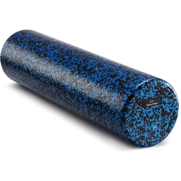 Масажен ролер Everest Fitness, EPP пяна, за йога, пилатес, фитнес, мускулна релаксация, 60 x 15 см, чанта за съхранение, ръководство за упражнения, Черен/Син