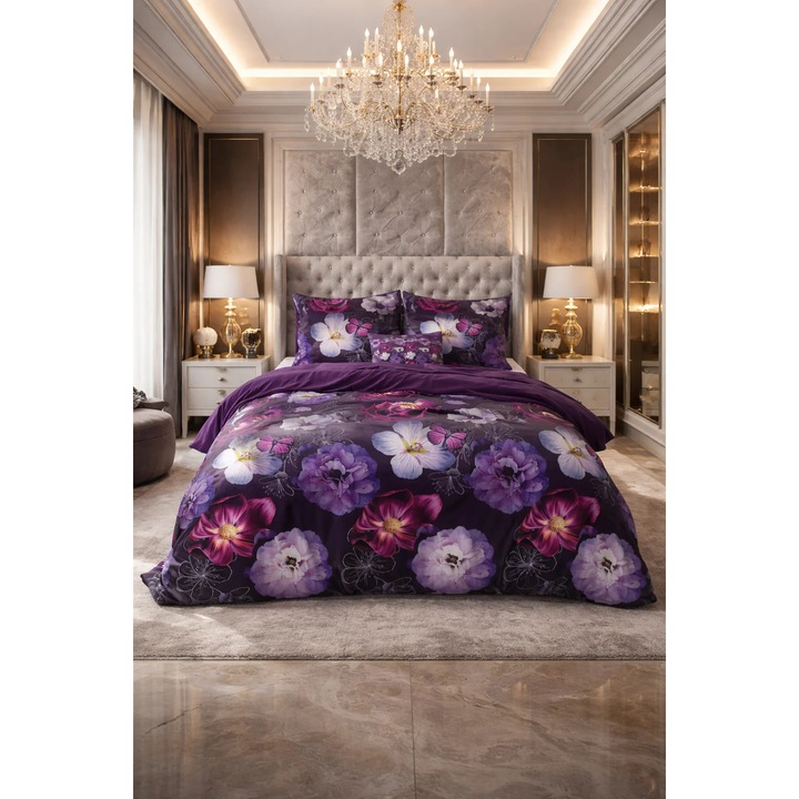Lenjerie de pat Sleeptime, 1x husa pilota 200x200/220, 2x fete de perna 60x70, Bumbac si Poliester, Hipoalergenica, 150 GSM, model Elegance Magic Flower Purple, imprimeu Print Digital, culoare Mov