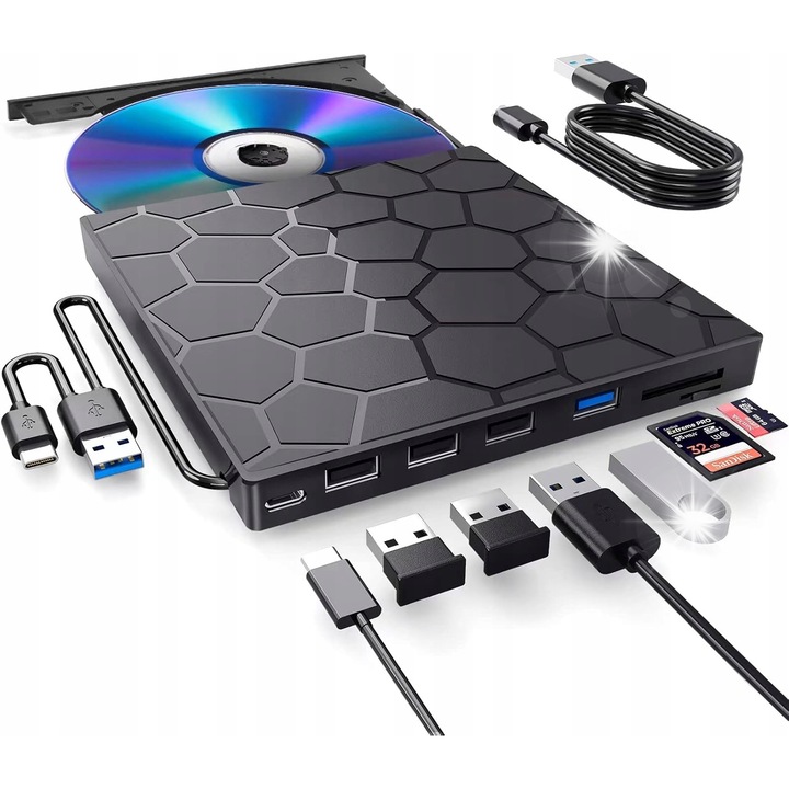 Unitate optica externa 8 in 1, CD/DVD, USB 3.0, negru, 15.40x14.30x1.80cm