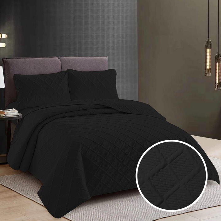 Комплект покривало за двойно легло Уни 230×250 см с 2 калъфки за възглавници 50×70 см, капитонирано на ромбове, 100% полиестер микрофибър, произведено в Румъния, черно