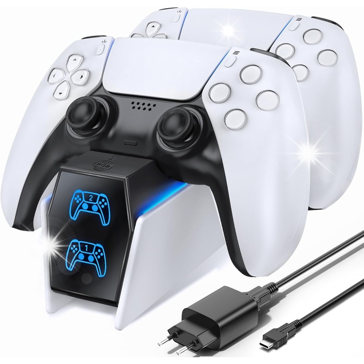Statie de incarcare pentru 2 controlere PS5 DualSense, negru-alb, 160x55,5x64,2mm