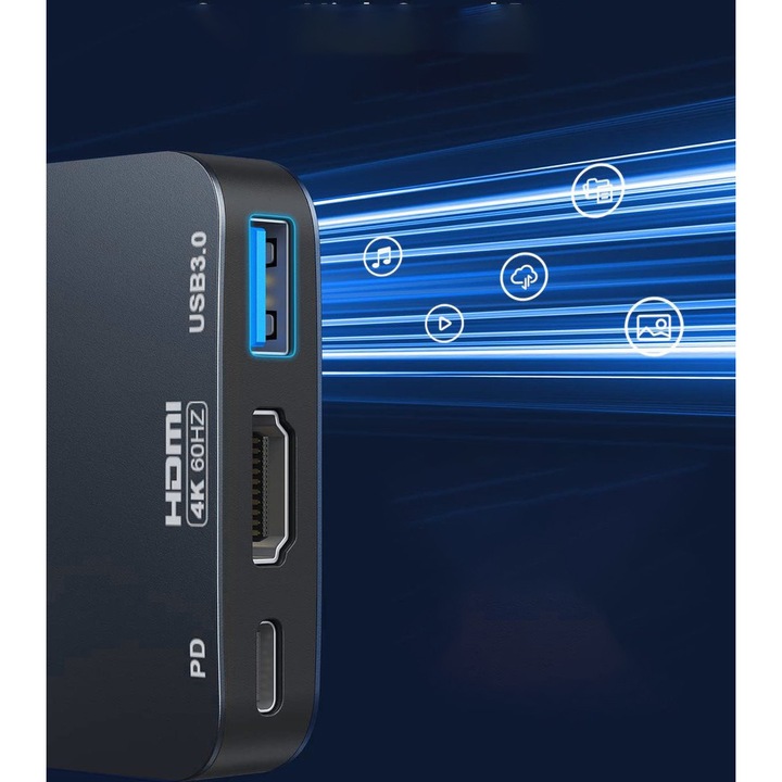 Adapter USB-C 3 in 1 Sounix, HDMI 4K, port USB 3.0, 100W, gri