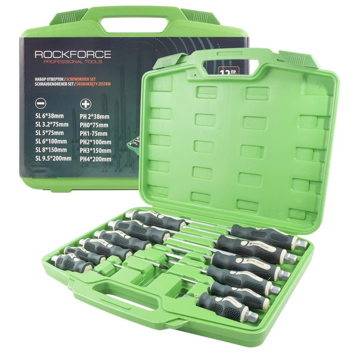 Set surubelnite Rockforce, 12 piese, dimensiuni variate, cu valiza
