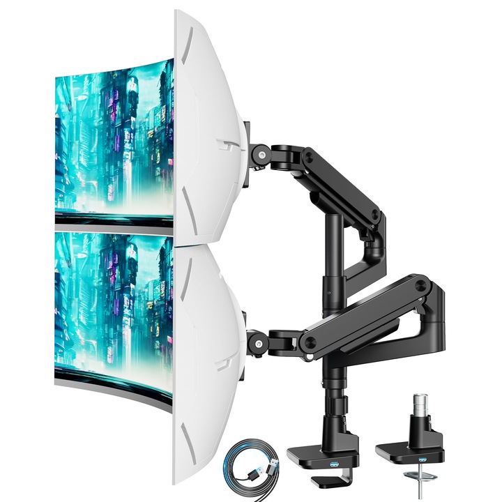 ARES WING monitortartó 2 monitorhoz, állítható magasságú, USB A/C porttal, 17-49 hüvelyk, 2-20 kg/kar