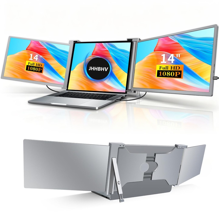 JHHBHV laptop képernyő kiegészítő, háromszoros 14" FHD 1080P hordozható monitor, több rendszerrel kompatibilis, plug & play