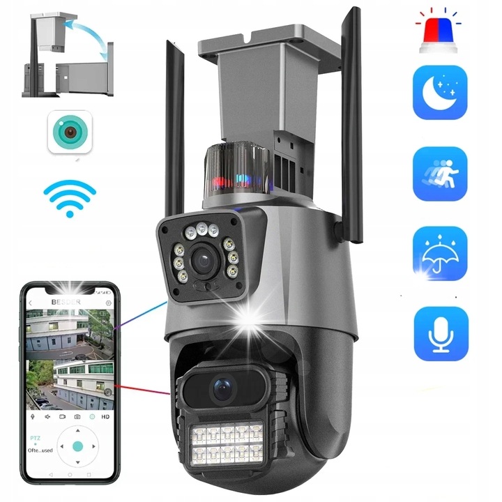 WiFi камера за наблюдение 2 в 1, 6MP Full HD, въртяща се на 270°, водоустойчива IP66