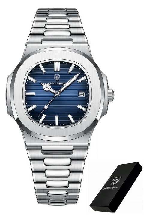 Ceas Barbatesc POEDAGAR® Otel Inoxidabil, Design Clasic Albastru si Argintiu, Mecanism Quartz de Precizie, Afisare Data, Rezistent la Apa, Cureaua Ajustabila, Cadou Elegant pentru Ziua de Nastere, Craciun sau Aniversare