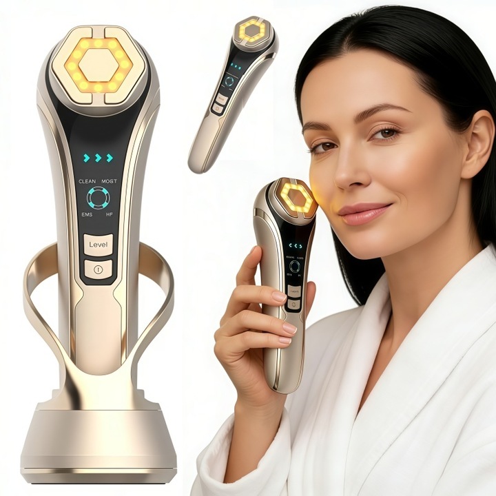 Aparat Profesional 6 in 1 pentru Tratament Facial si Intinerirea Pielii, AjieQaQ®, Tehnologii Avansate: RF, EMS, Fototerapie Rosu/Albastru, Curatare Ionica, Mezoterapie, Lifting Anti-Rid si Masaj Facial, Culoare Aurie, Rezultate Vizibile Acasa