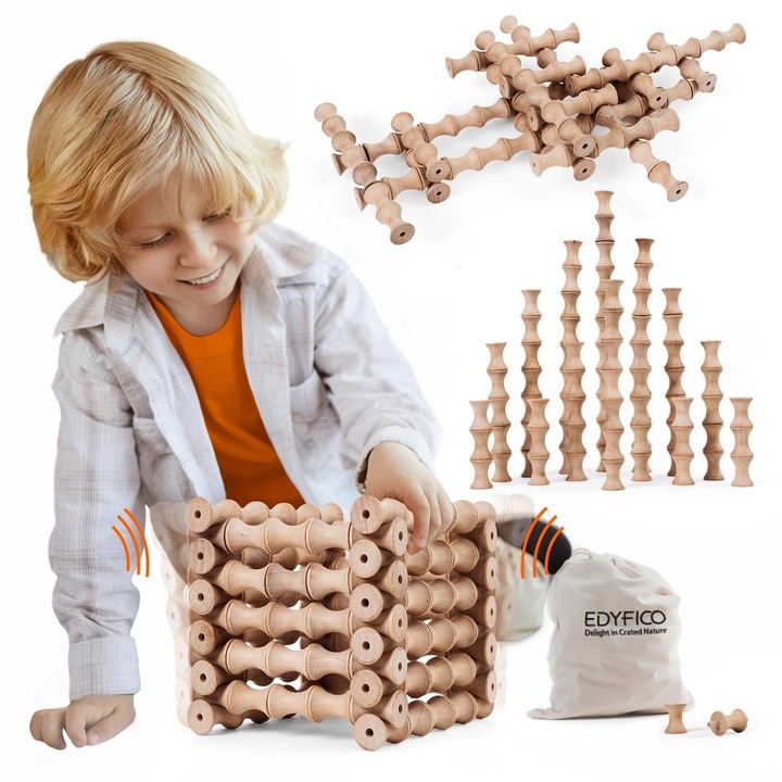 Set 120 Piese Cuburi de Constructie din Lemn Edyfico, Tip Waving Plug-in, Multicolor, cu Saculet Textil