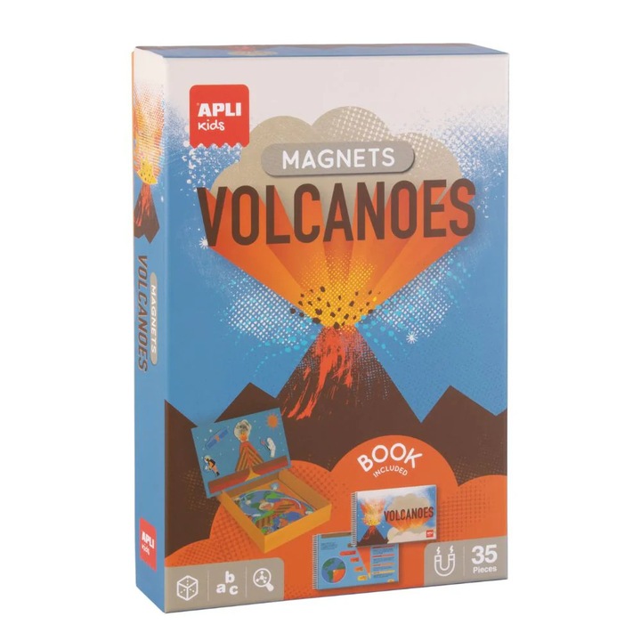 Joc educativ cu piese magnetice, Apli, Vulcani, 35 piese, 28x18cm, pentru 5 ani+