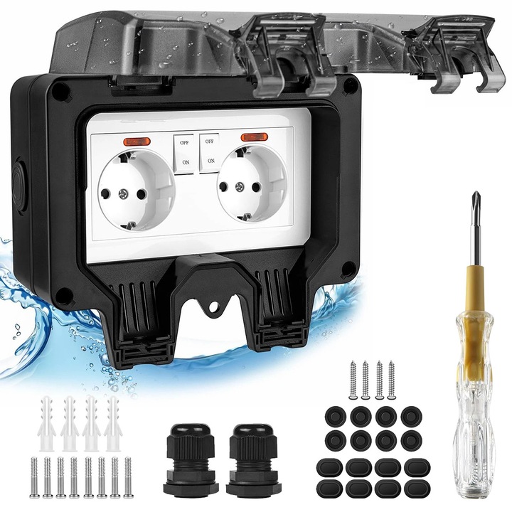 Priza dubla exterior YOUKUKE, IP66 impermeabila, neagra, 250V/16A, 16.8x15.5x10cm