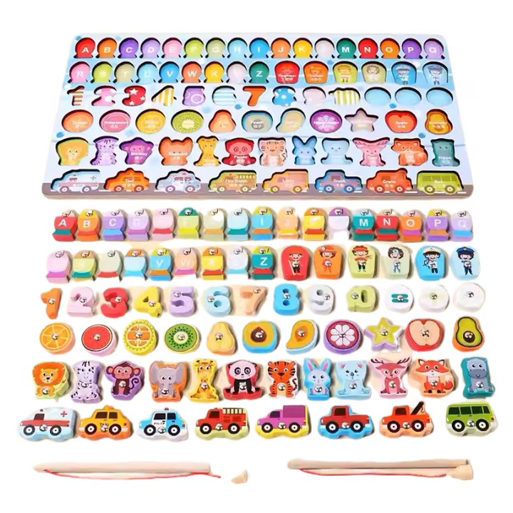 Joc Montessori din lemn 6 in 1, sortator de culori, fructe, animale, masini si pescuit cu magnet, Educatie prin joaca pentru copii peste 3 ani