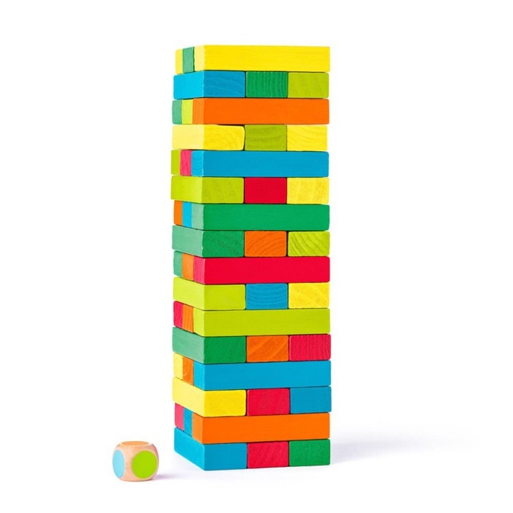 Joc de îndemânare din lemn, Woody, Turn de echilibru, 54 piese, multicolor, 9.5x9.5x27cm