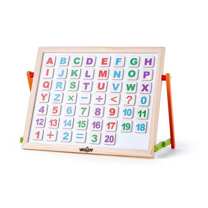 Tabla educativă din lemn Woody, 2 fețe, neagră și albă, 32x15x26cm, cu litere magnetice și cretă