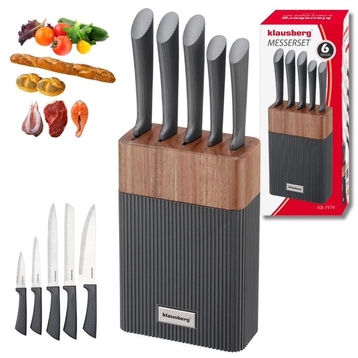 Set de 6 cutite cu bloc din lemn de acacia Klausberg KB-7979, inox, ergonomice