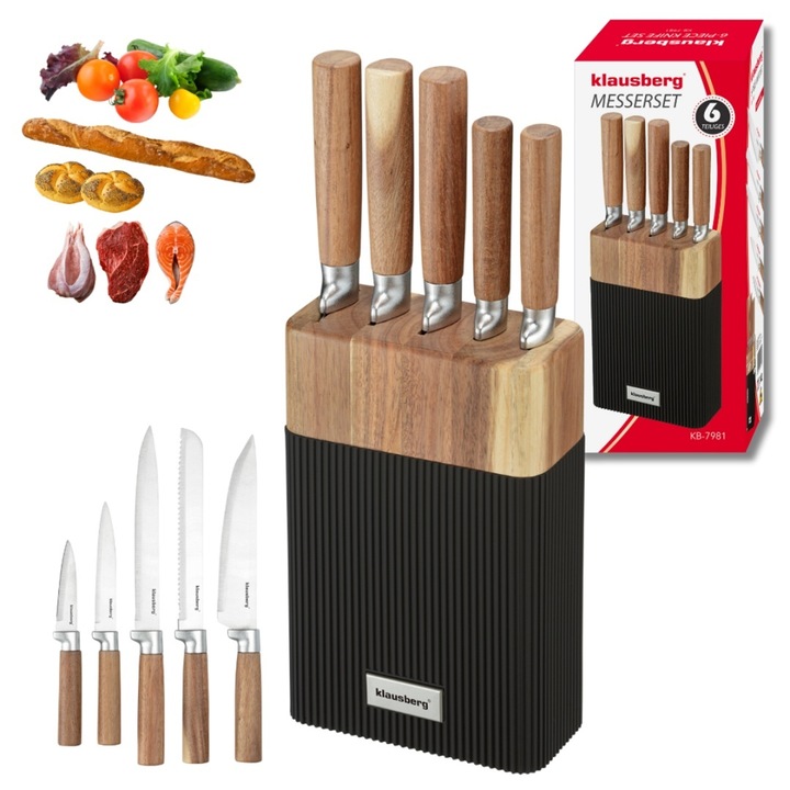 Set de cutite in bloc din lemn de acacia Klausberg, 6 piese, inox, design natural, ergonomic