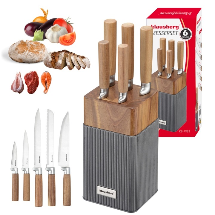 Set de cutite in bloc din lemn de acacia Klausberg, 6 piese, inox, ergonomic, natural/grafit
