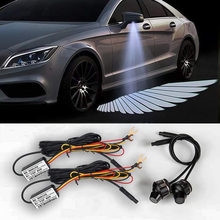 2 db LED Angel Wings projektor készlet, XONGSOR®, Üdvözlőfény autó dísz, tükörbe szerelhető, 12V, Vízálló, Tiszta fehér fény 6000k, Fekete