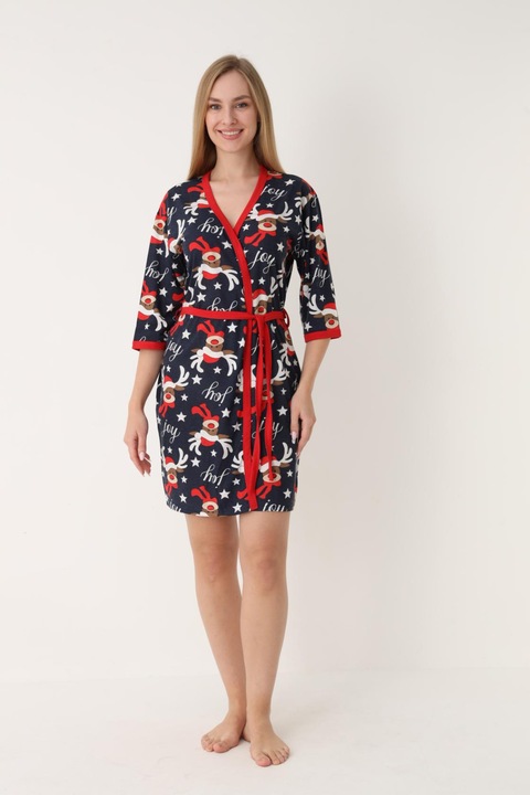 Halat de Casa Craciun Dama cu Imprimeu Ren Vesel 3/4 bleumarin 13384, Bleumarin