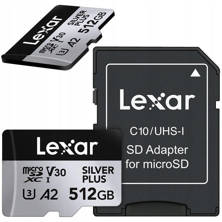 Карта памет MicroSDXC 512GB, Lexar, Silver Plus, Висока производителност за 4K, Бърз и стабилен трансфер, Идеална за дрон, спортна камера, телефон и конзола, Водоустойчива, Сигурно решение за снимки и видео, Включва SD адаптер