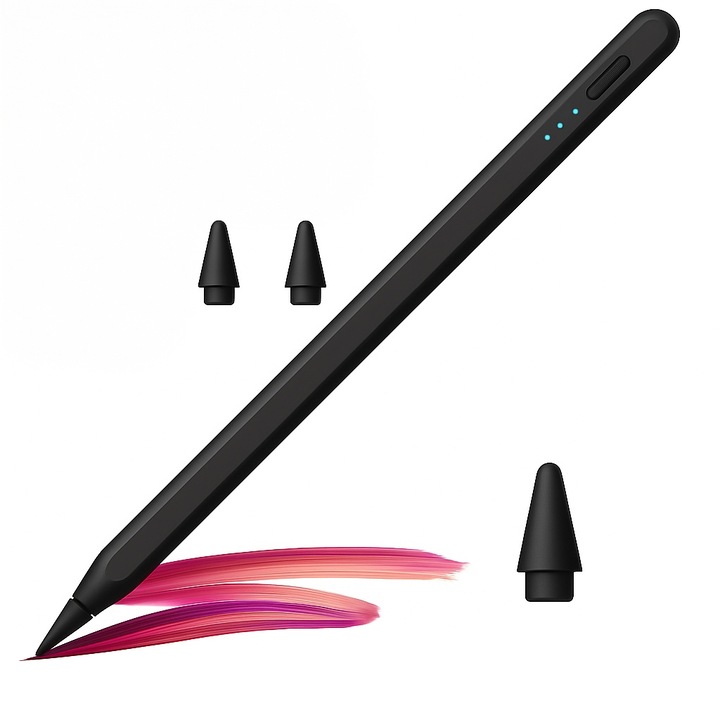 Stylus toll univerzális, táblagép toll, kompatibilis bármilyen táblagéppel és telefonnal, iPad 2010-2017, Samsung, Lenovo, Huawei, Android, Windows, mágneses, USB-C, fekete