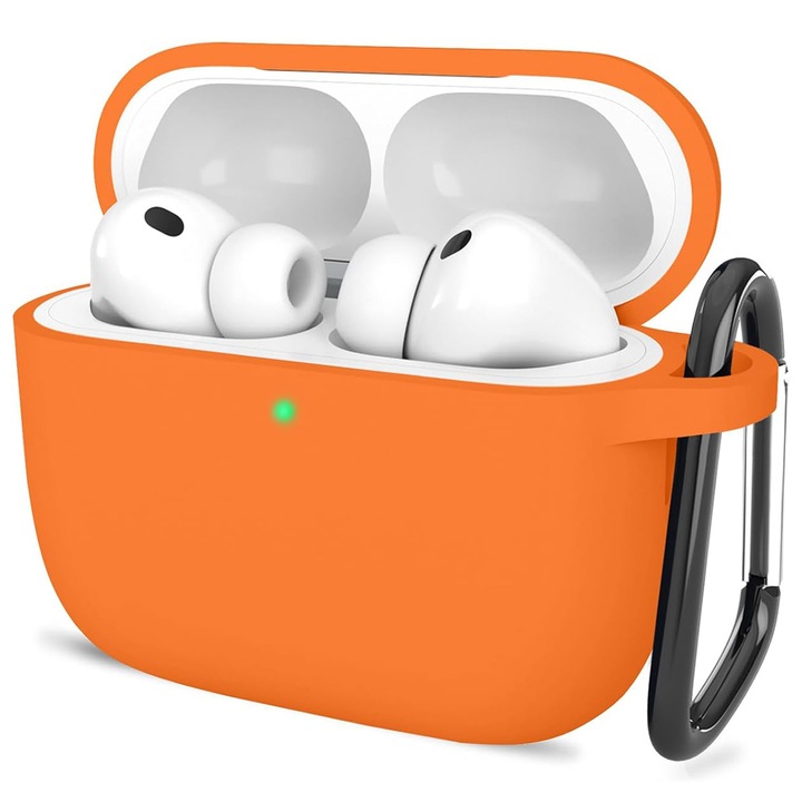 Husa pentru Apple AirPods Pro 3 DaDen®, din Silicon Moale, cu Breloc Carabina, Incarcare Wireless, Portocaliu