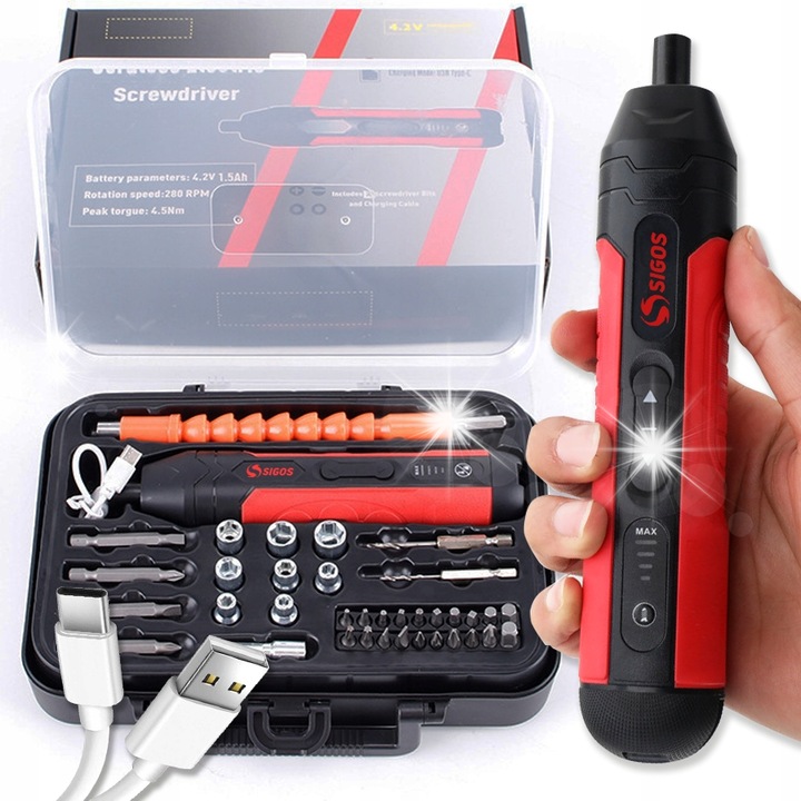 Surubelnita electrica cu acumulator SIGOS, set 34 biti, 4Nm, USB-C