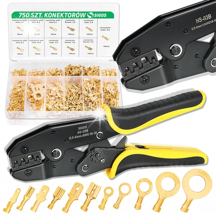 Set de conectori auto cu cleste, 750 piese, SIGOS, ergonomie, cupru tintat