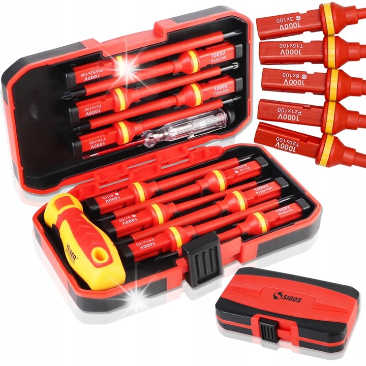 Комплект от 13 изолирани отвертки VDE, SIGOS, 1000V, с ергономична дръжка, включен органайзер