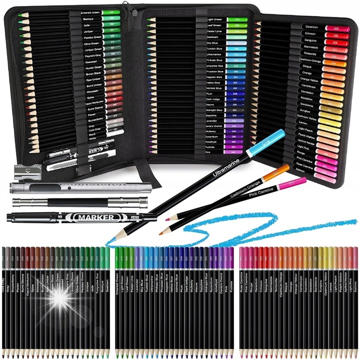 Комплект за рисуване, 76 елемента, SIGOS, цветни моливи, калъф, 72 молива, маркери, темпера, 17,5 см