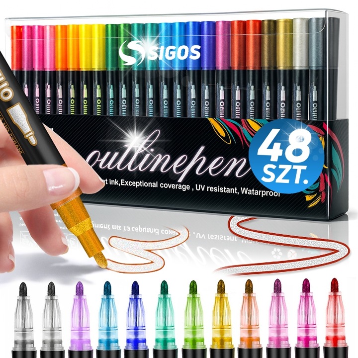 Комплект маркери SIGOS, 48 броя, метални, контурни, цветни