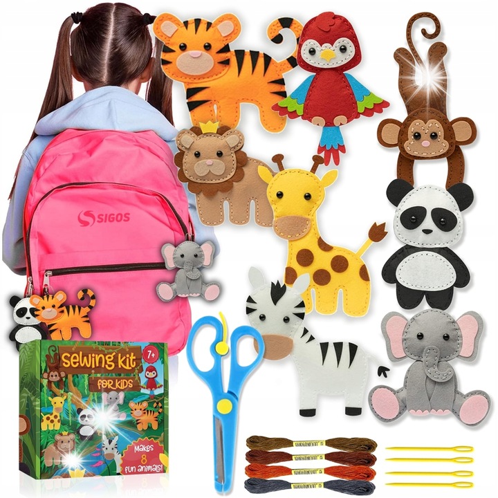 Set de artizanat, SIGOS, 8 animale din fetru, pentru copii, DIY