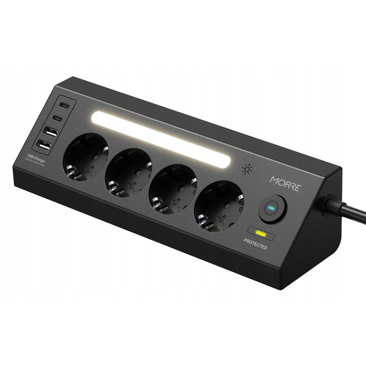 MORRE M411 sarok hosszabbító, 4xAC, 2x USB-A, 2x USB-C, túlfeszültség-védelem, 2m, fekete
