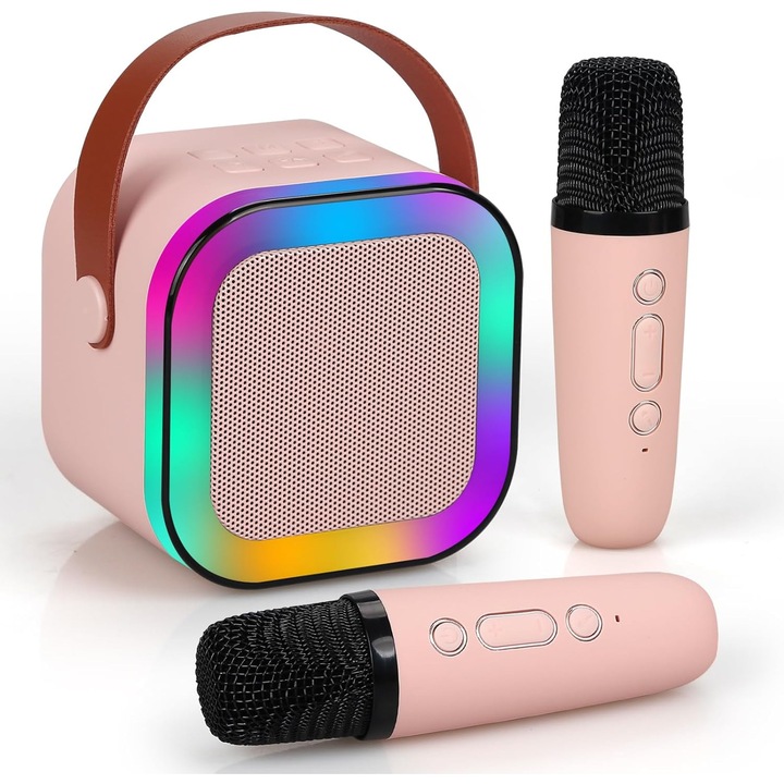 Set Mini Karaoke cu 2 Microfoane si Boxa Bluetooth, DDOO, Bej/Roz/Albastru, 88x68x90mm