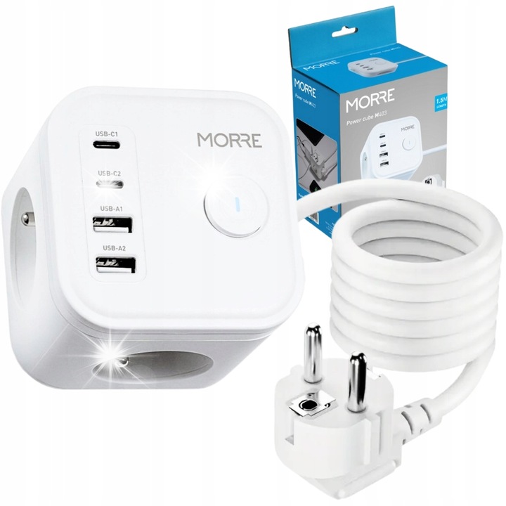 Prelungitor 7w1 DDOO, 3xAC, 2xUSB, 2xUSB-C, 20W, alb, 1.5m