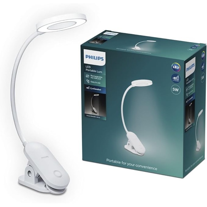 Lampa de masă portabilă Philips Forys Clip, 5W, lumina rece, 362mm
