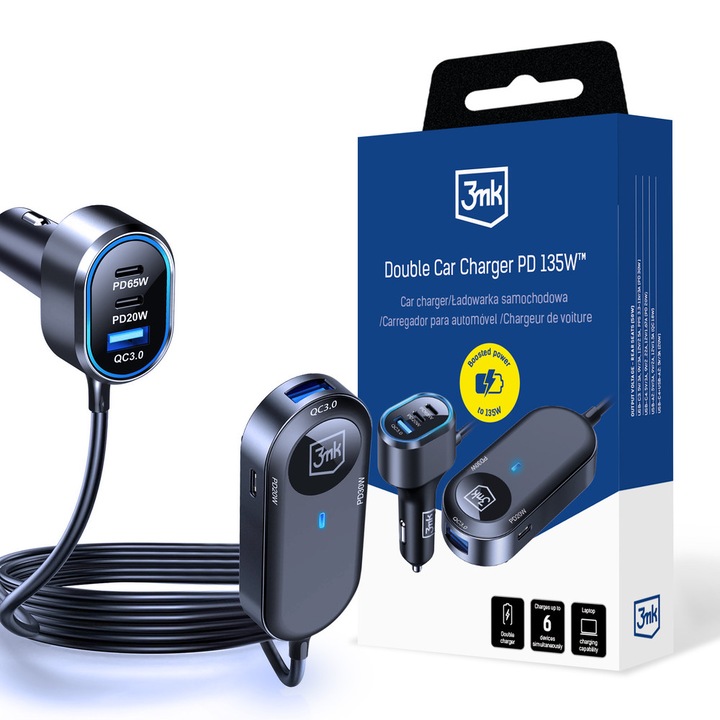 Incarcator auto 3mk Double Car Charger, 4xUSB-C, 2xUSB-A, 135W, 10A, Cablu 1.5m, Negru
