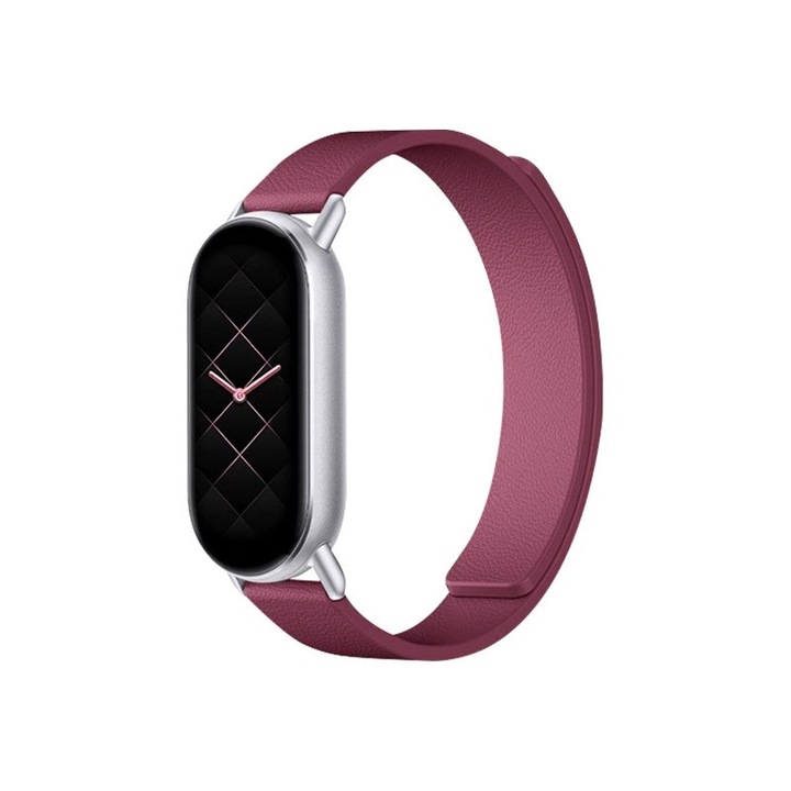 Bratara cu magnet din piele, compatibil Xiaomi Mi Band 8 / Mi Band 9 / Mi Band 10, PHN Mag, Visiniu