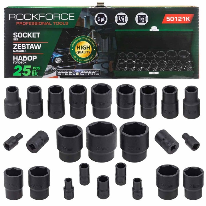 Set chei nasada 1/2" si 1/4", Rockforce, 25 piese, 4-32mm, cutie metalica