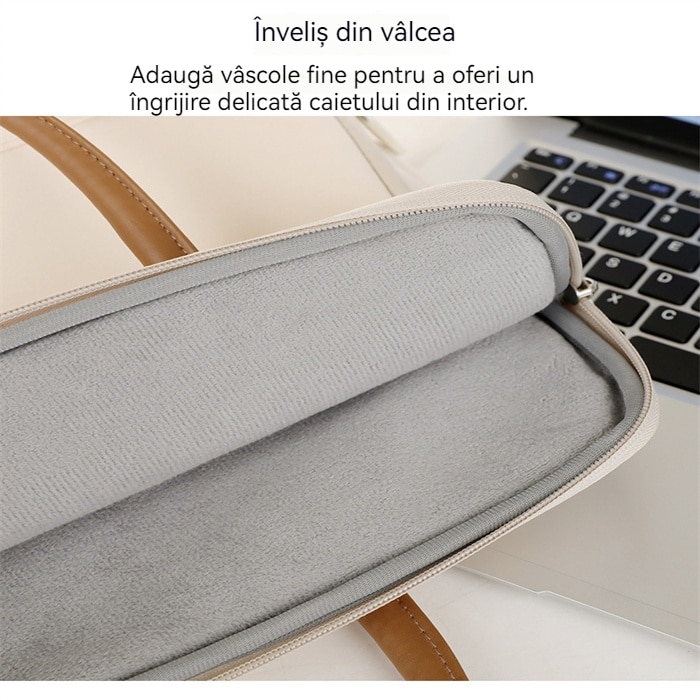 Geanta laptop portabila, burete antisoc, impermeabila, bej, cu manere din piele, 13''-16'' inch