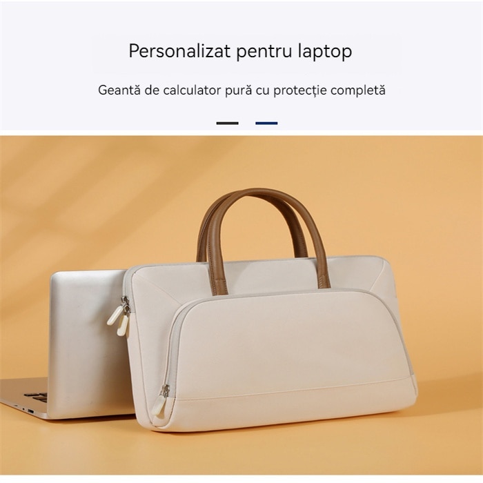 Geanta laptop portabila, burete antisoc, impermeabila, bej, cu manere din piele, 13''-16'' inch
