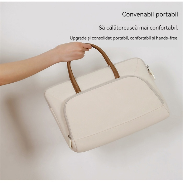 Geanta laptop portabila, burete antisoc, impermeabila, bej, cu manere din piele, 13''-16'' inch