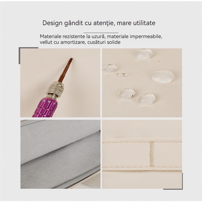Geanta laptop portabila, burete antisoc, impermeabila, bej, cu manere din piele, 13''-16'' inch