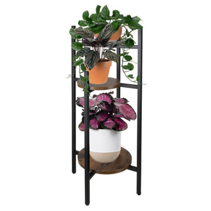 Suport pentru ghivece plante si flori tip etajera cu 3 nivele KESNUP, rezistent si stabil, pentru interior / exterior, calitate superioara, dimensiuni 81 (inaltime) x 73 - 54 - 14 (inaltimi etajere) x 27 (baza) cm, greutate maxima 15 kg, Negru