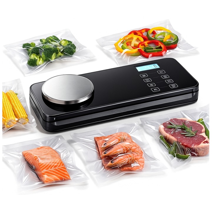 Aparat de Vidat si Etansat in Vid idealSTORE, 6 Moduri de Utilizare, Ambalare uscat/umed, Cantar, Eficienta 9 l/minut, Latime Punga 30 cm, Cutit Glisant, Aspirare 80 kPa, Putere 120 W, Inchidere Solida, Calitate Profesionala, Kit de Utilizare Inclus