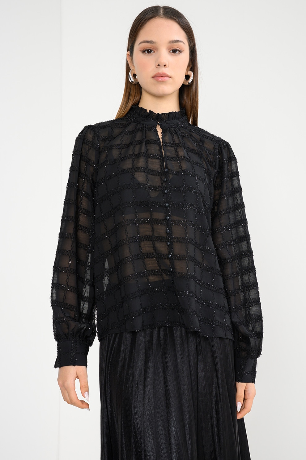 Vero Moda, Camasa semitransparenta cu insertii stralucitoare, Negru, S