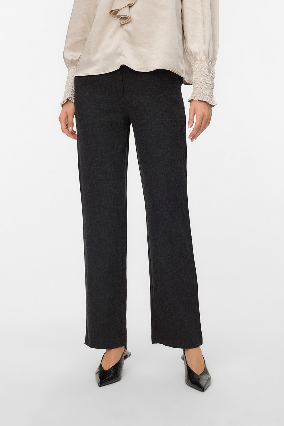 Vero Moda, Pantaloni drepti cu talie medie, Negru melange, S-L30